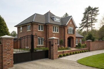 Elegant Brick House With Gated Entrance in Serene Landscape Generative AI