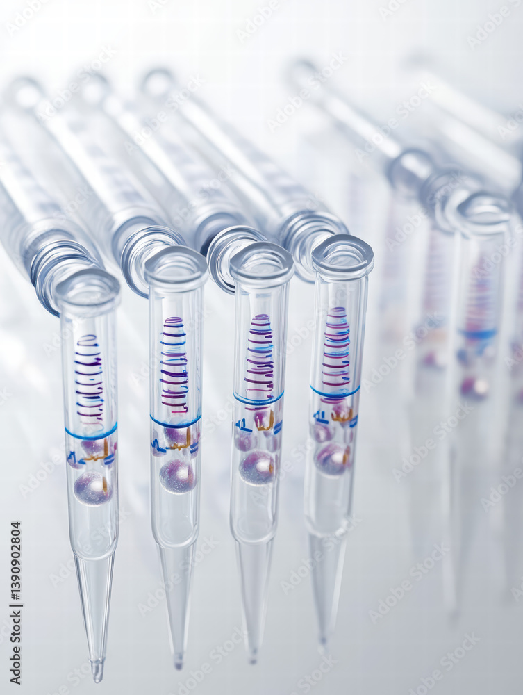 Poster micropipettes with samples: precise and sterile micropipettes stand in perfect alignment, each conta