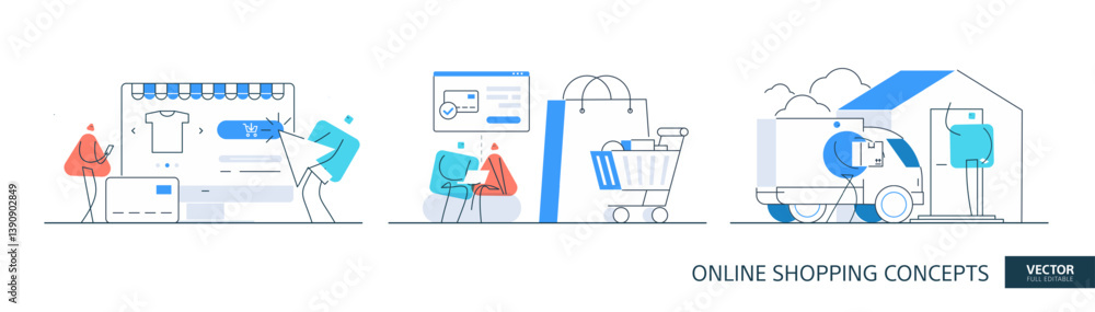Aufkleber online shopping illustrations set in thin line style. store payment abstract linear vector design co