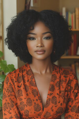 Portrait of a woman with short afro hair, wearing a rust-colored dress in a room with beige walls, wooden shelves, and a leafy plant near the window