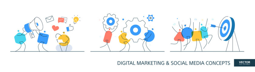 Efficient system illustrations set in thin line style. Company process abstract linear vector design concepts. Organizational support flat icons. Tiny geometric people team.