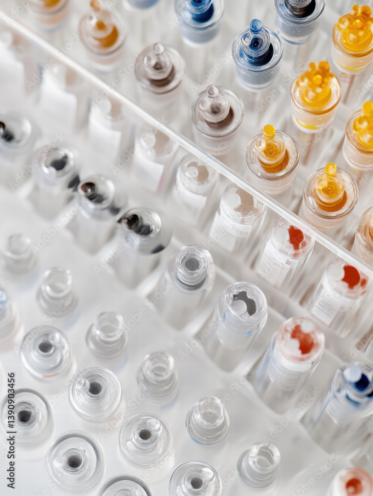 Aufkleber scientific precision: macro shot of an array of colorful vials meticulously arranged within a tray, 