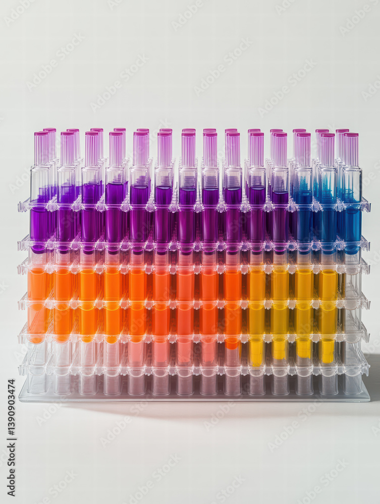 Aufkleber laboratory spectrum: a close-up view of an array of test tubes arranged in a precise formation, each