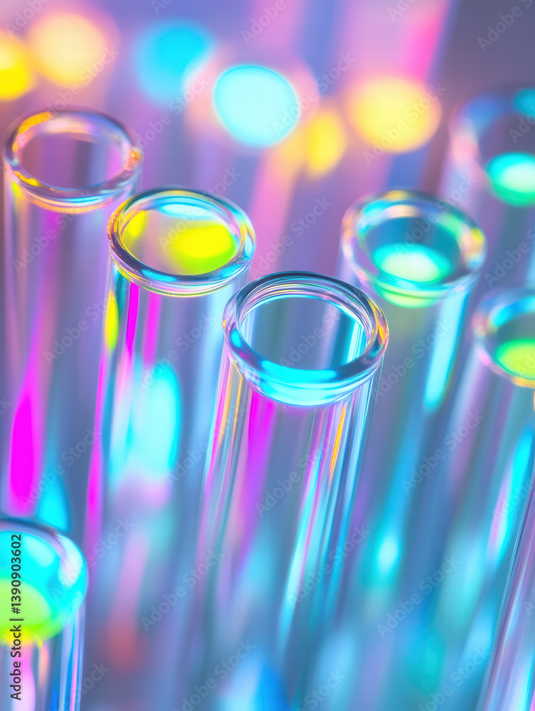 Poster illuminated test tubes: a captivating macro shot reveals an array of transparent test tubes, reflect