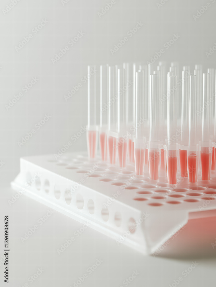 Poster micropipette tips in rack: close-up view of numerous micropipette tips neatly arranged in a white ra
