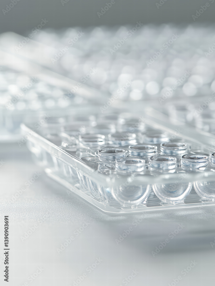 Poster laboratory plate close-up: a macro shot of a pristine laboratory plate reveals rows of transparent w