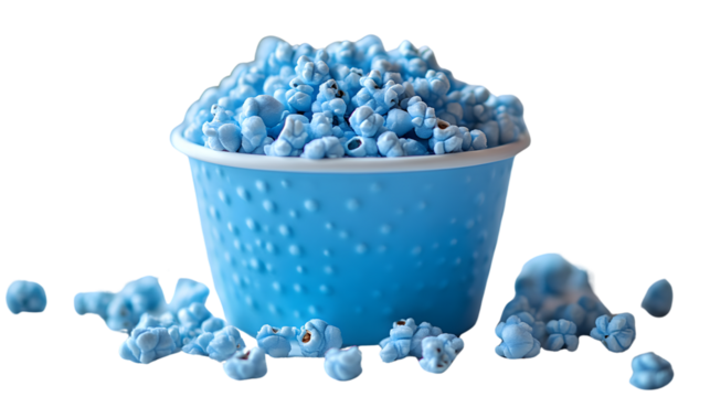 A vibrant blue bucket filled with fluffy colorful popcorn perfect for creative culinary and s