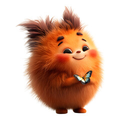 Fluffy Orange Furry Cartoon Character with Glowing Butterfly Isolated on Transparent Background