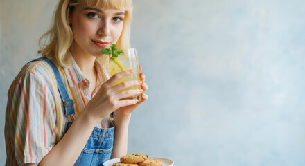 Young caucasian female sipping lemonade holding cookies