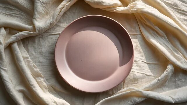 Empty ceramic dish set against fabric backdrop. Tableware mock-up arrangement. Elegant design concept for invitations, dating, or spa.