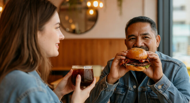 Diverse adults enjoying burgers and drinks at a cozy restaurant