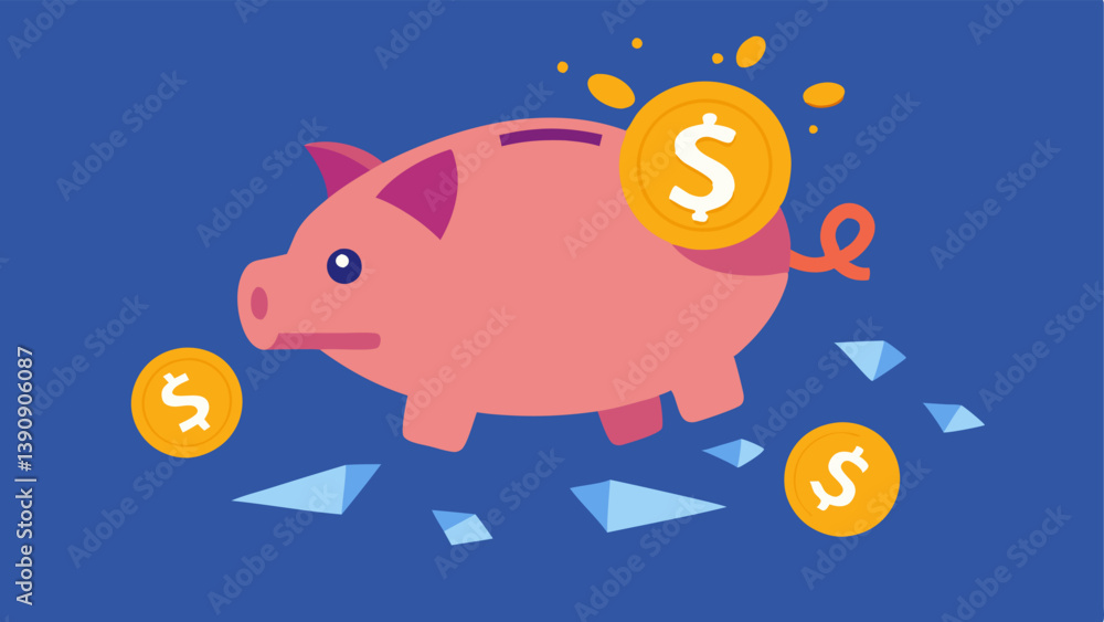 Poster broken piggy bank a piggy bank that is cracked open with coins spilling out while symbols of rising 