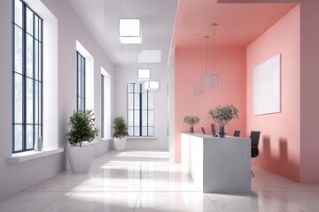 Fototapeta premium A minimalist reception area with large windows, a white desk flanked by plants, and square ceiling lights casting soft light