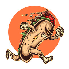 Hot Dog Mascot On The Run: A dynamic and energetic cartoon illustration features a hot dog mascot with a fierce expression, sprinting with determination against an orange backdrop.