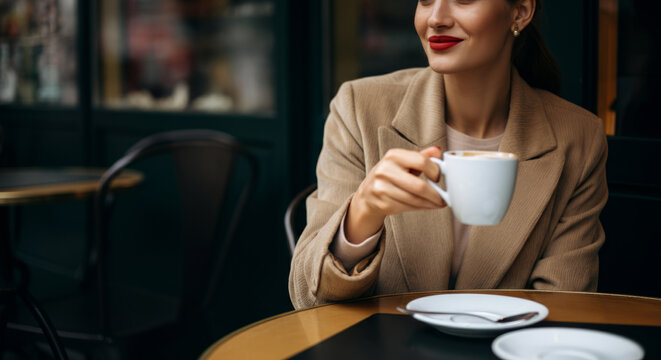 Young caucasian female enjoying coffee in a stylish cafe setting