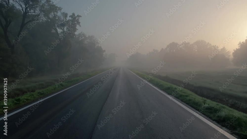 Aufkleber sunrise illuminates a foggy road winding through the countryside, creating a serene and atmospheric 