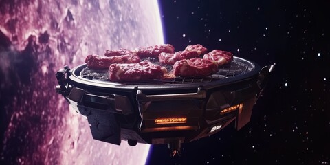 Floating barbecue in zero gravity grilling delicious meat in outer space near a distant planet