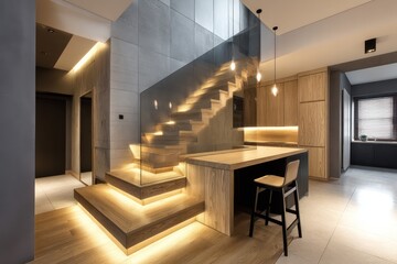 A modern apartment with a staircase bathed in soft LED lighting, casting a warm glow on the walls and steps