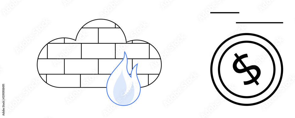 Poster cloud with brick pattern and flame symbol representing cybersecurity, next to a dollar coin portrayi