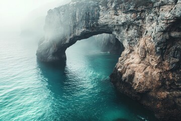 Fototapeta premium Tranquil coastal cliff with natural stone arch over turquoise waters and morning fog lighting scene
