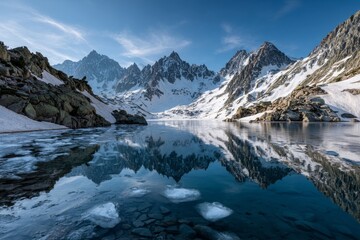 Fototapeta premium Serene alpine lake with ice floes reflecting snow capped peaks under a soft blue sky