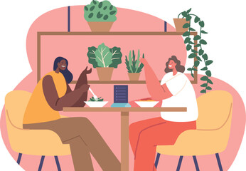 Female friends rest at eco cafe