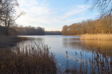 Fototapeta premium Serene lake in mecklenburg at sunrise with calm waters and soft pastel hues surrounded by reeds