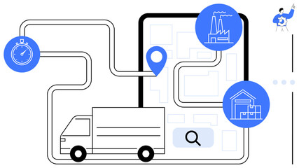 Truck following map route with destination marker, stopwatch, factory, warehouse icons. Ideal for delivery, logistics, supply chain, transportation navigation time management productivity. Flat