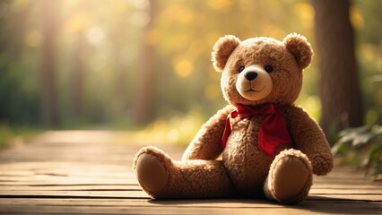 A plush teddy bear with a brown body, dark nose