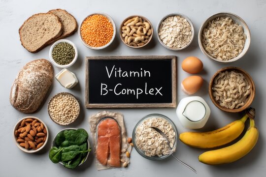 Educational flatlay of b complex vitamin rich foods with central label for healthy nutrition visual