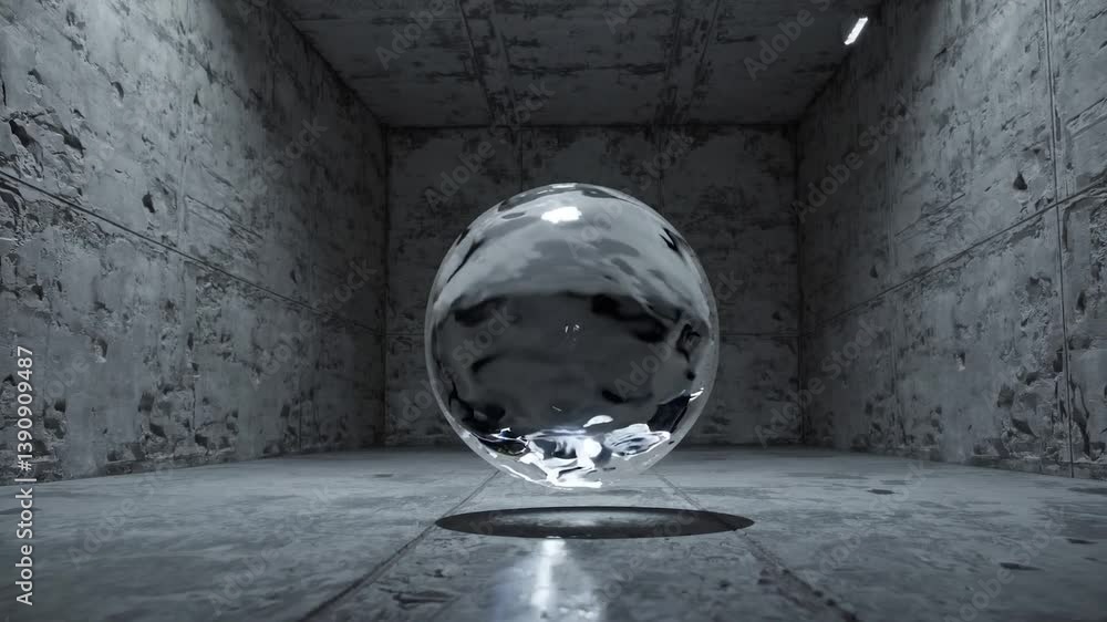 Poster translucent liquid sphere morphing, pulsating while levitating inside minimalist concrete room, soft