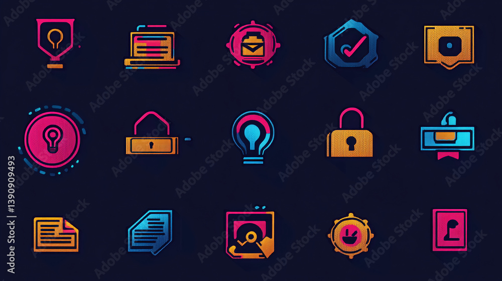 Poster security icons set vector illustration for business and technology with creative design and modern s