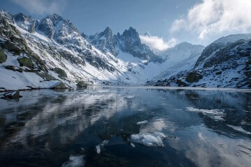 Fototapeta premium Serene alpine lake surrounded by snow capped peaks and jagged mountain reflections under soft clouds