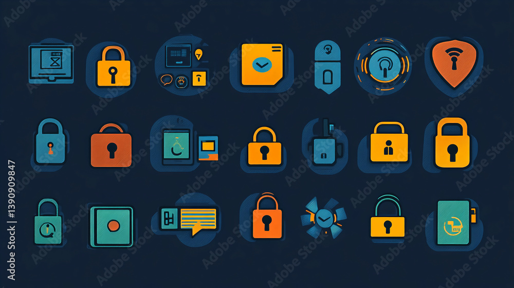 Poster security icons set for data protection and privacy with padlocks and other security symbols designs