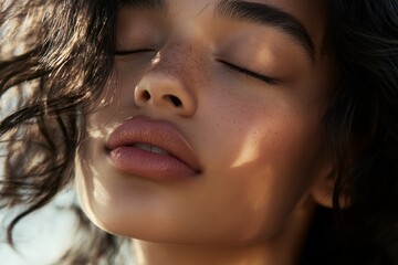 Close up portrait of model with closed eyes, hair in wind, and relaxed lips in fashion photography