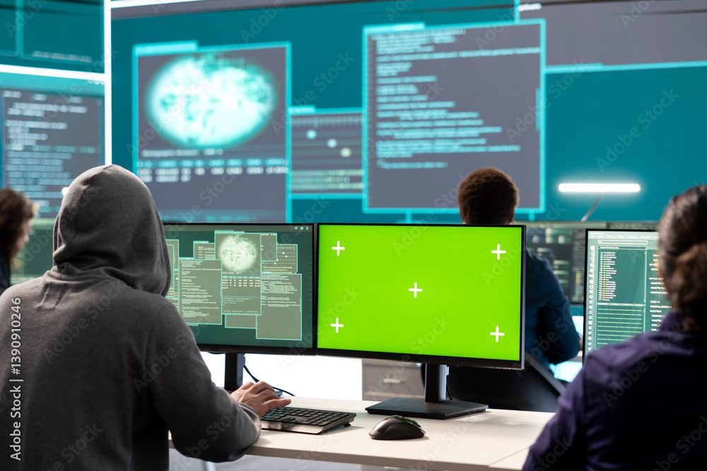 Aufkleber team of governmental hackers look at green screen in high tech agency office, working together on ha