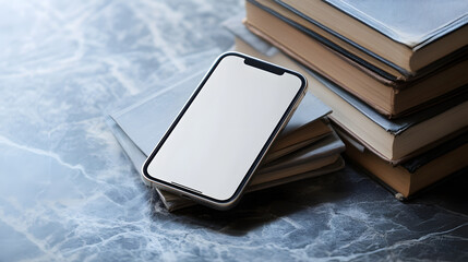 Smartphone on books for learning. Modern phone sits atop stacks of vintage books, symbolizing a fusion of traditional knowledge with digital accessibility. A blend of old and new.