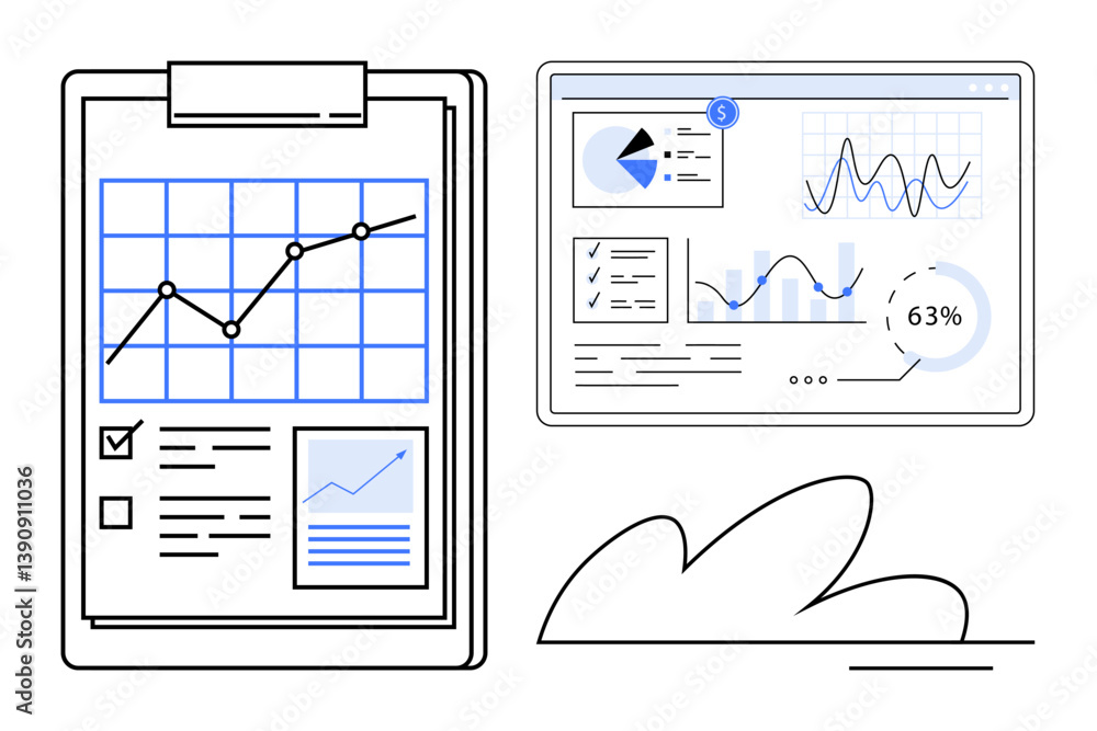 Poster clipboard with ascending graph, dashboard showcasing data charts, analytics icons, and performance m