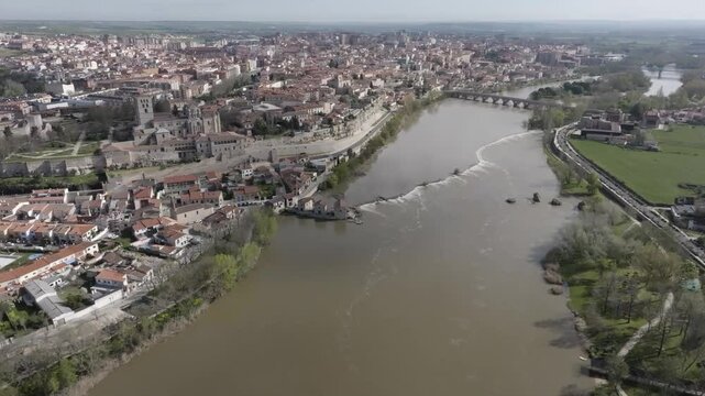 Drone footage of Zamora, Spain with cathedral, old town and Duero River