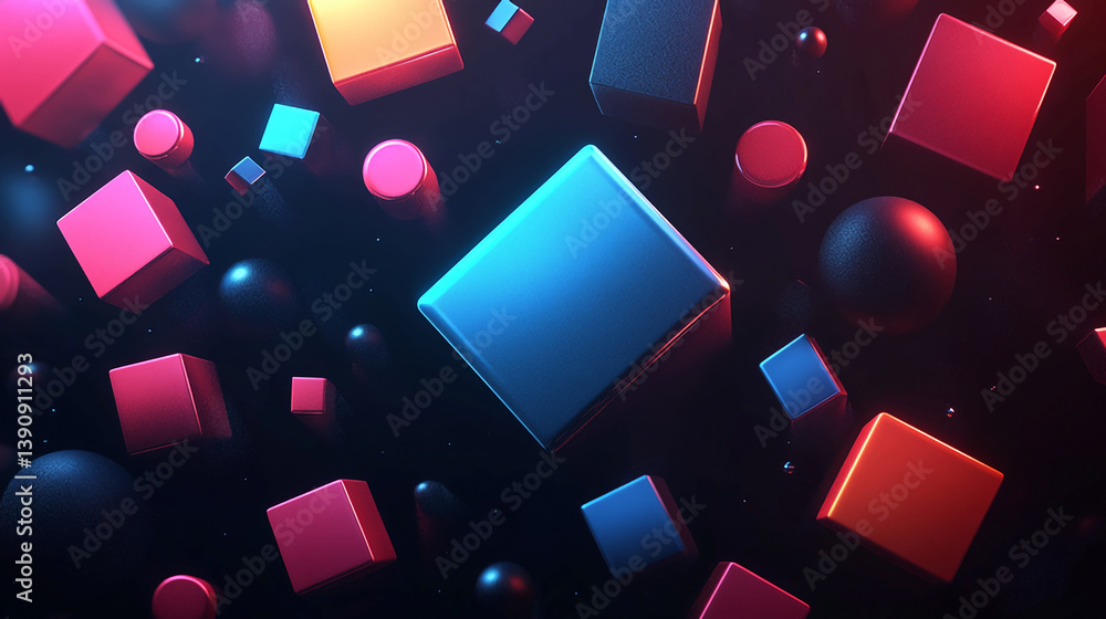 Poster abstract background with colorful cubes and spheres floating in dark space render design art