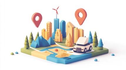 Obraz premium 3D City Map with Vehicle, Location Markers