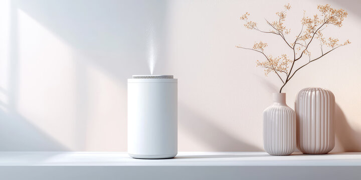 Clean air mist with silver ions comes out of a modern electric air purifier in the interior of the room.