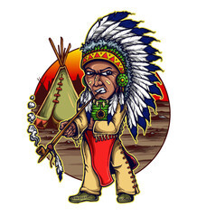 Native American Warrior Portrait: An illustrated depiction of a Native American warrior, adorned in traditional regalia.