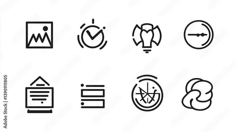 Poster icon set vector graphic design ui ux elements picture clock light bulb menu list knot compass symbol
