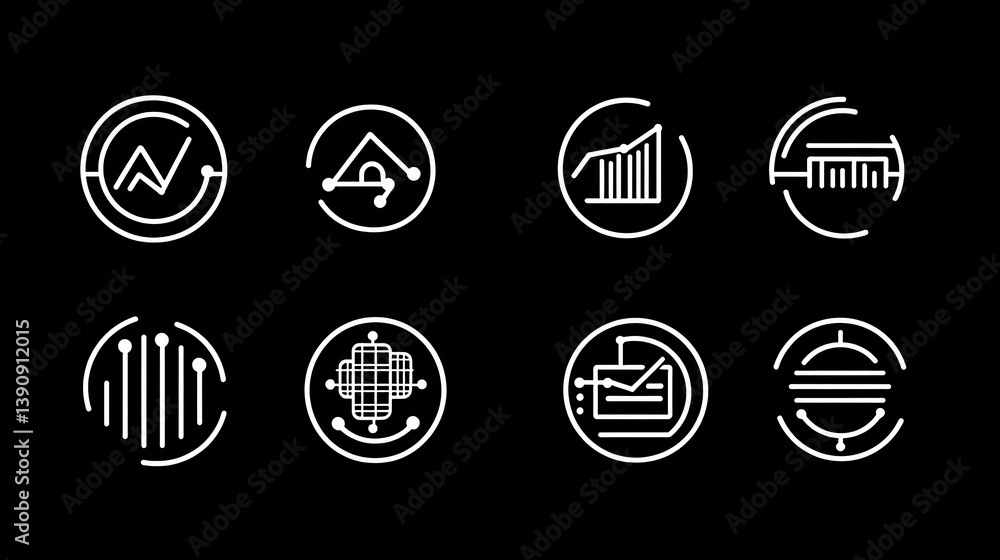 Poster white line art icon set for business finance technology data analysis and development on a black bac