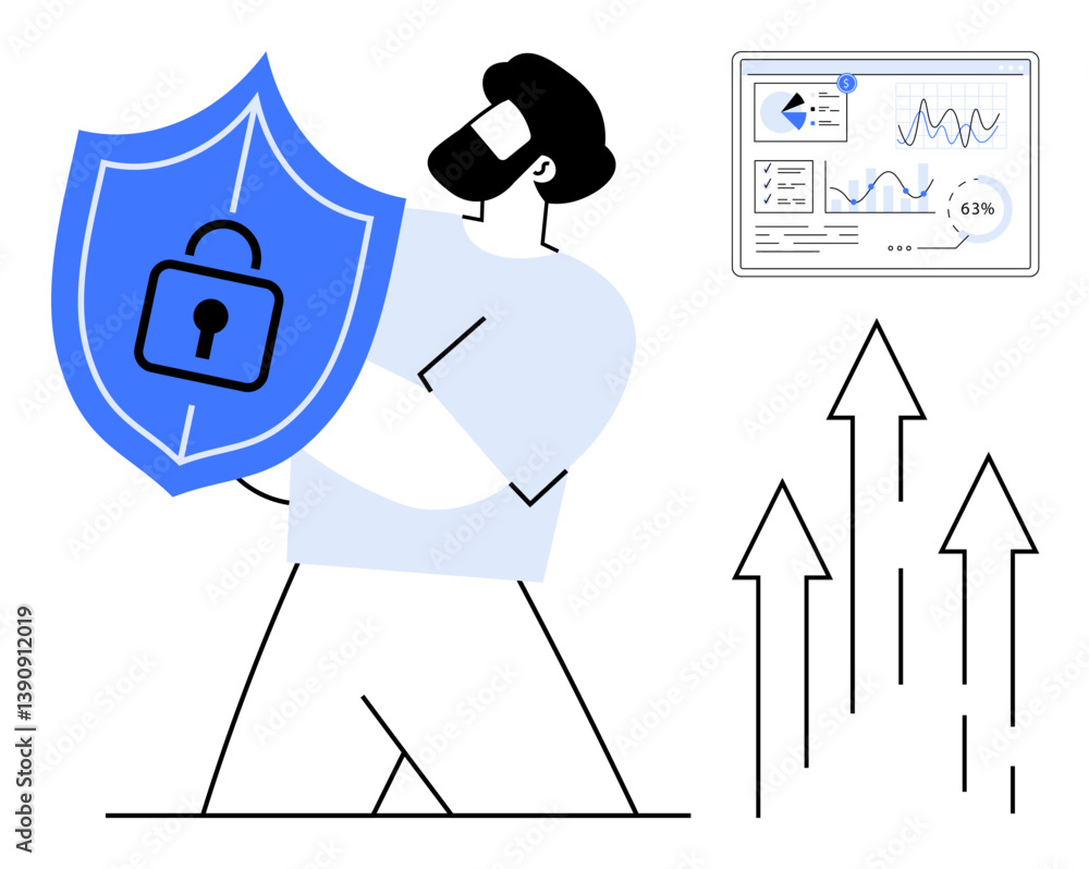 Poster person securing data with shield, digital analytics on a screen, upward arrows symbolizing growth. i