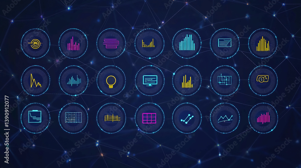Poster digital data analytics and business intelligence dashboard interface with charts and graphs icons ui