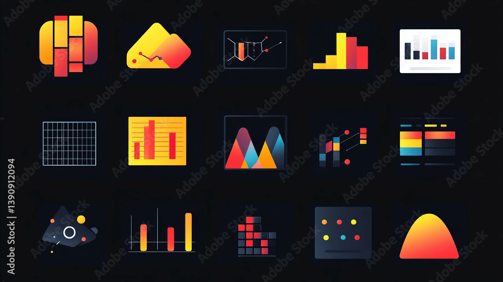 Poster collection of colorful data visualization graphs and charts for business and presentations design se