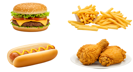 A spread of fast food items including burger fries hotdog and chicken