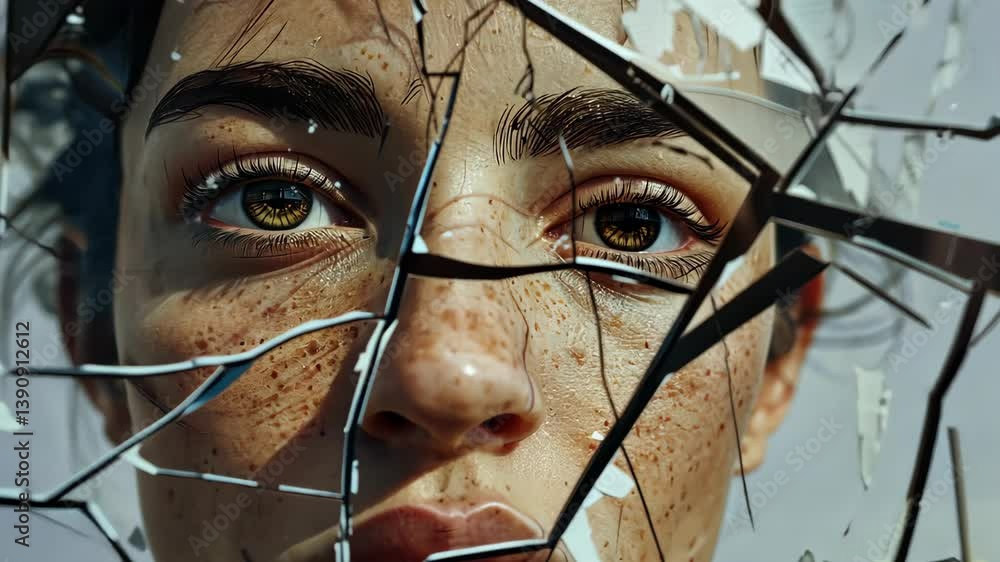 Aufkleber minimalist portrait with fragmented lines, exploring fractured identities and introspection